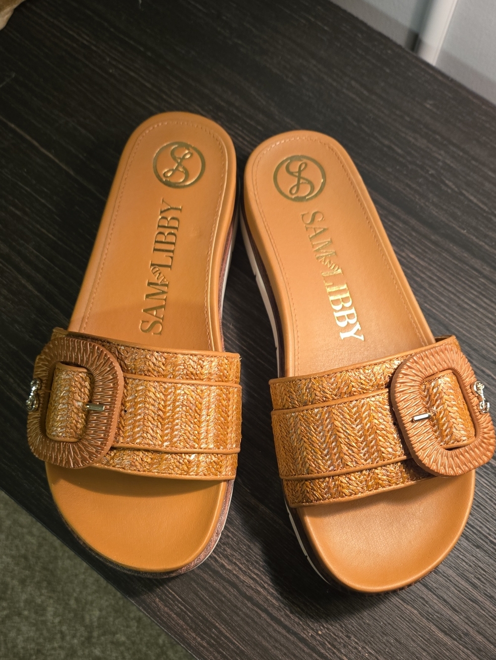 Sam & Libby Tan Woven Slide Mules with Buckle Accent